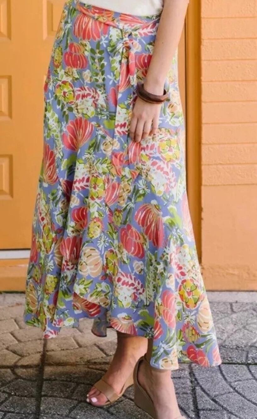 Matilda Jane Pretty Floral Maxi Skirt Small Flowy Tie Waist Blue Pink Cottage